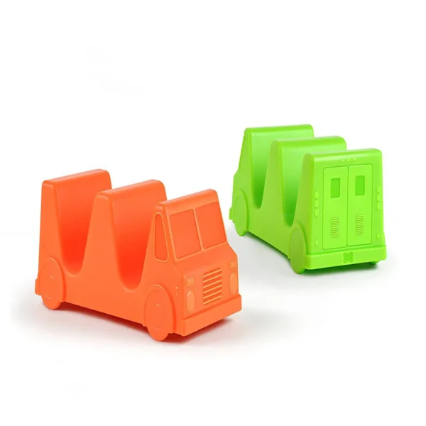 Orange and green food truck utensil holders.