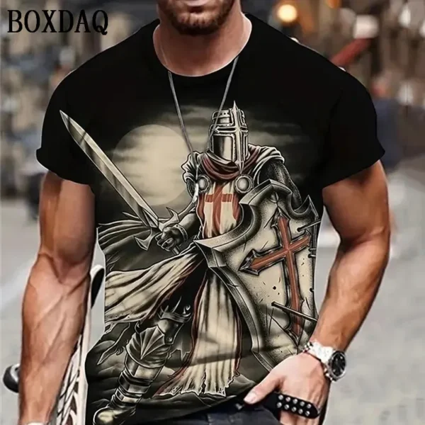 Vintage Men's T-Shirts Short Sleeve 3d Crusader Printed Loose Oversized T Shirt Street Casual Top Tees High Quality Men Clothing - Image 5