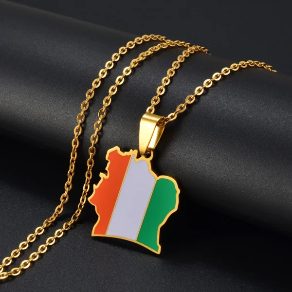 Gold chain necklace with Ivory Coast flag pendant.