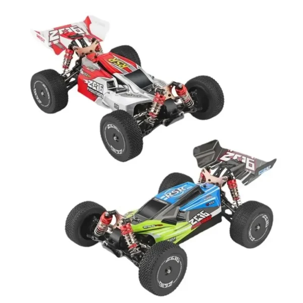 Two red and blue remote control cars.