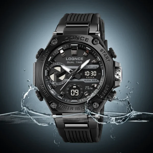 Black digital and analog wristwatch in water.