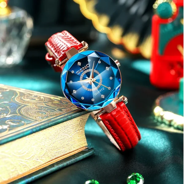 Red band wristwatch with blue face