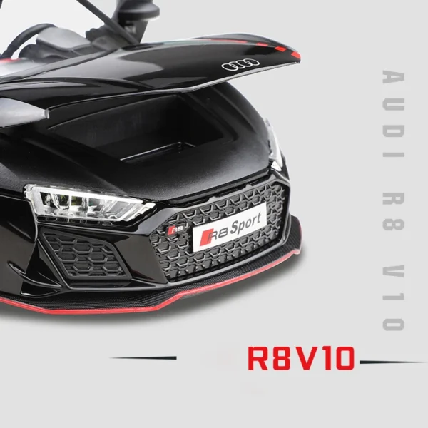 Black Audi R8 V10 with hood open.