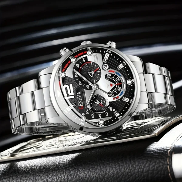 Silver chronograph watch with black face.