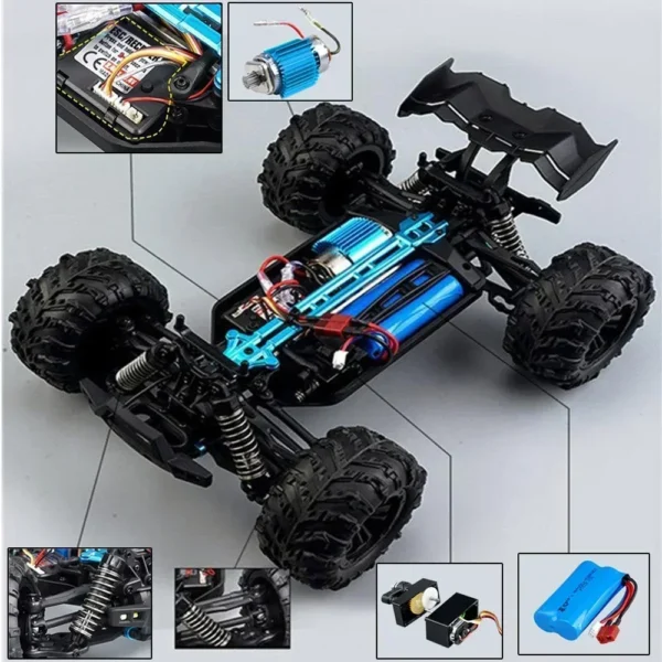 Blue and black RC monster truck with battery.