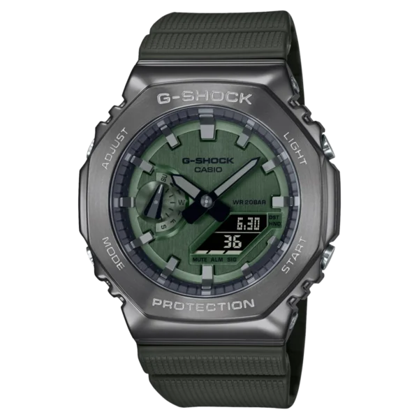 Green G-Shock watch with digital display.