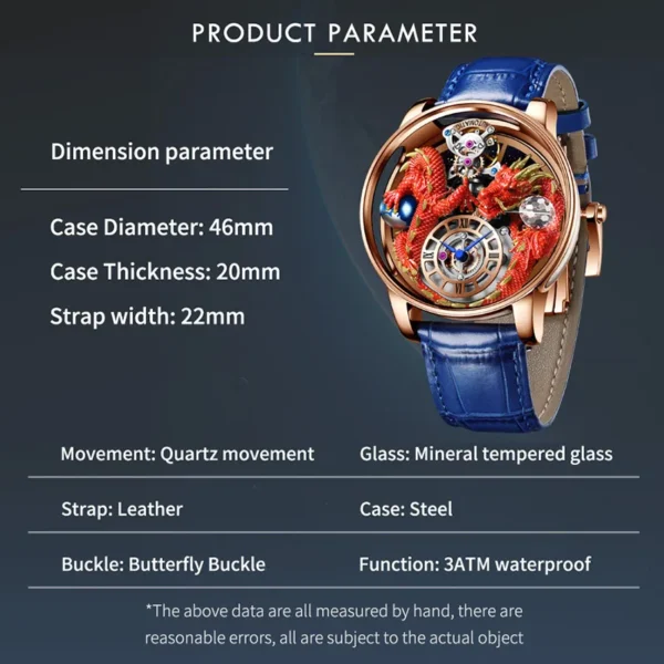 Gold and blue dragon watch with blue strap.