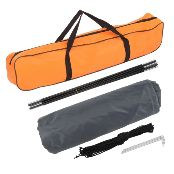 Orange tent carrying bag with poles and stakes.