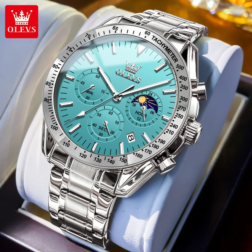 Silver chronograph wristwatch with blue face