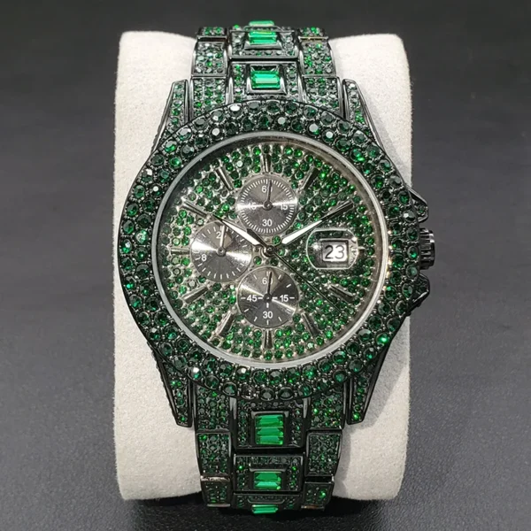 Green diamond encrusted chronograph watch.