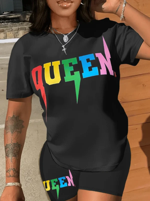 4XL 5XL LW Plus Size Queen Letter Print Shorts Set Summer Women Round Neck T-Shirt And Print Shorts Without Pocket - Image 2