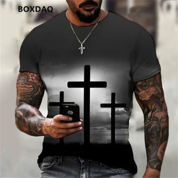 Summer Men's T-Shirts God Religion Christ Jesus Cross 3D Print Hip Hop Male Tee Loose Short Sleeve Streetwear Oversized Tops - Image 2