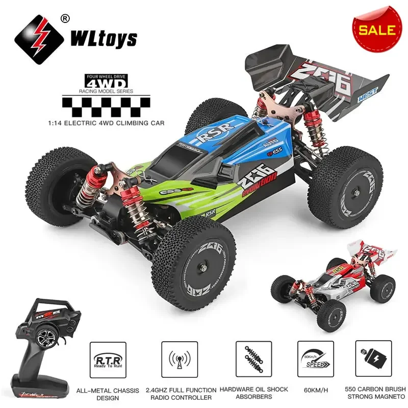 Green and blue 4WD RC racing car.