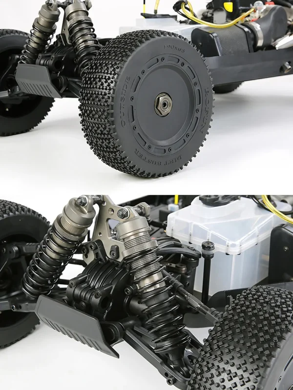 Close-up of a RC car's suspension.