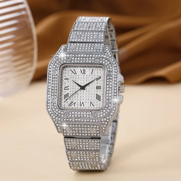 Silver square watch with diamond accents.