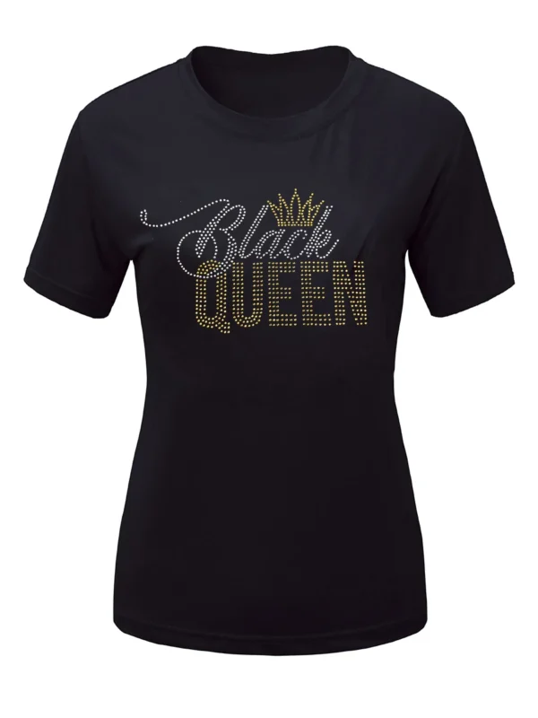 LW Plus Size Rhinstone Black Crown Queen T-shirt Casual Letter Print T-shirt 2023 Summer Round Neck Harajuku Y2k Top - Image 2