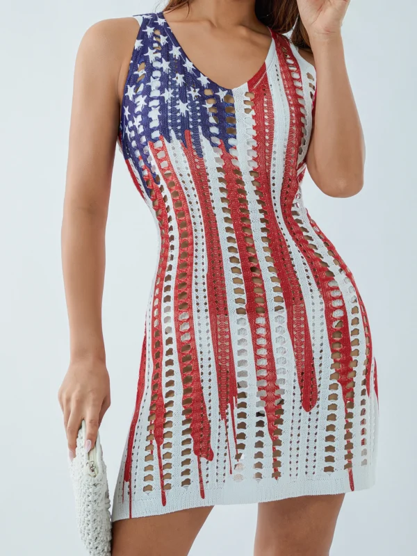 American Flag Cover Up Dress for Women Hollow Out Crochet Sleeveless Cover Up 4th of July Beach Swimwear Dresses - Image 3