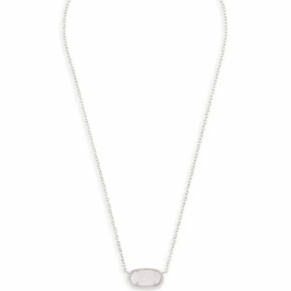 Silver chain with white oval pendant.