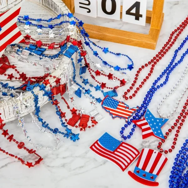 300PCS 4th of July Necklace, 16 Kinds Patriotic Independence Day Red Blue White Necklace USA Hat Flags Pendant - Image 5