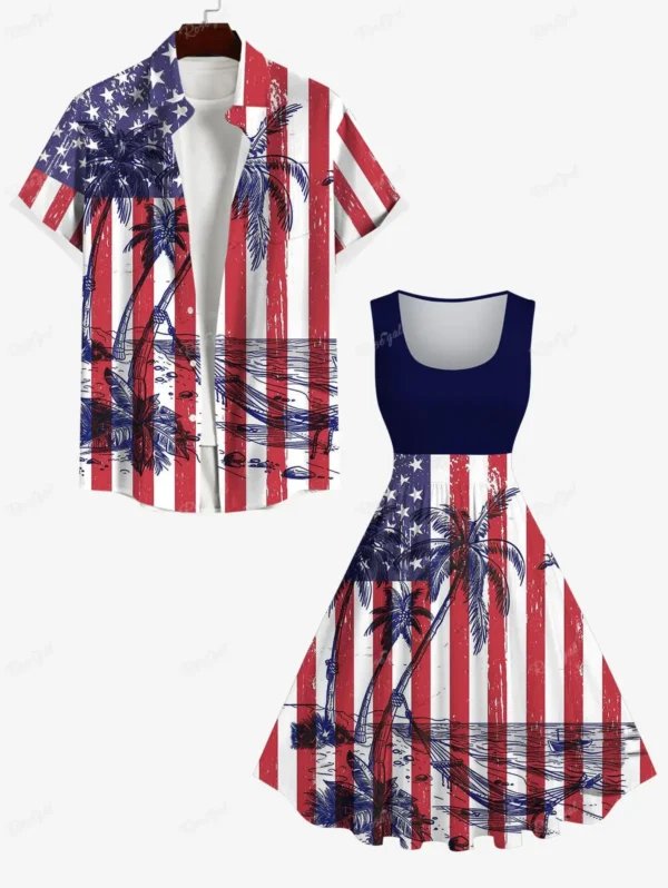 Plus Size Matching Hawaii Beach Outfit For Couples فساتين طويلة платье женское Coconut Tree Sea American Flag Striped Printed