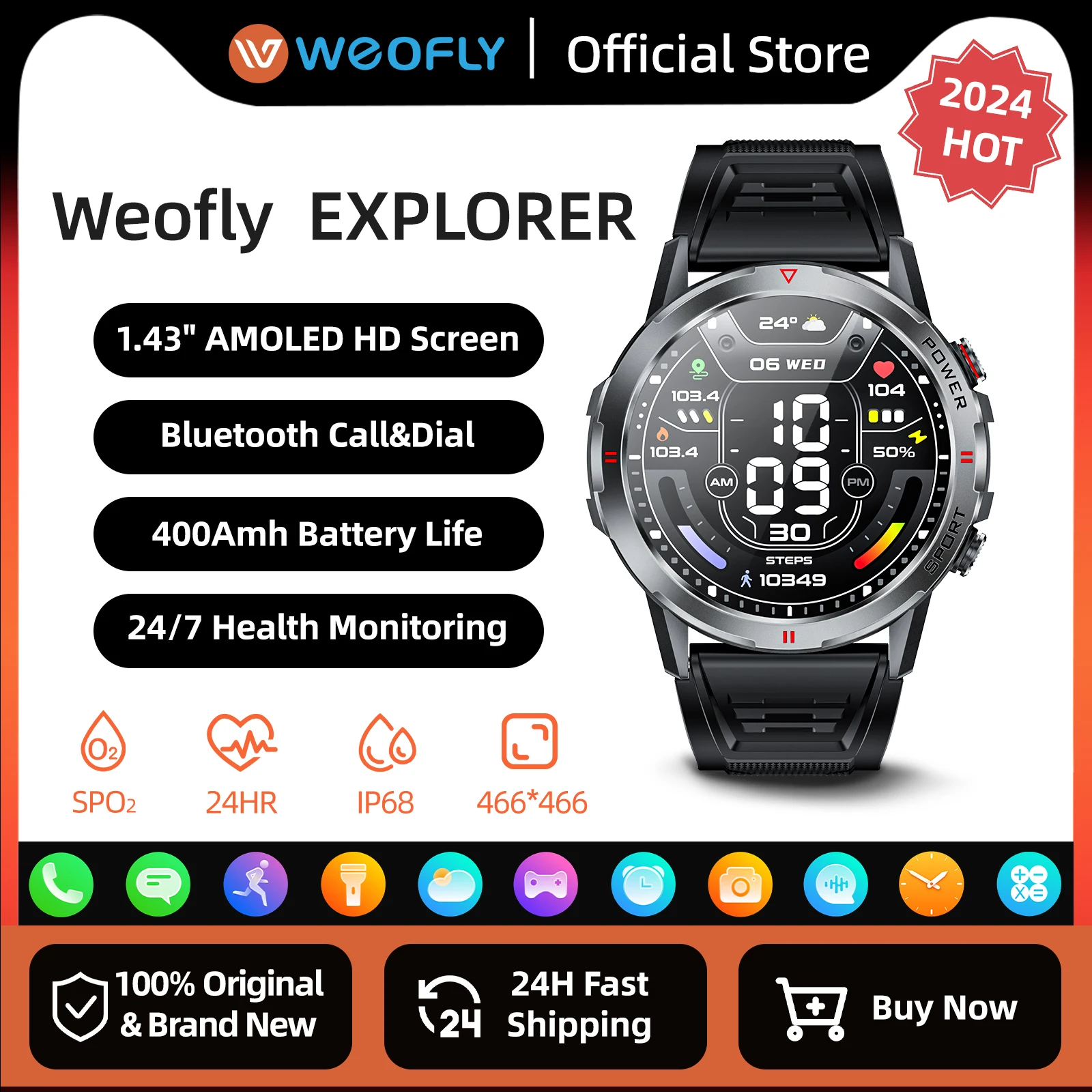 Black smart watch with amoled screen.