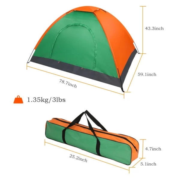 Orange and green camping tent with carrying bag.