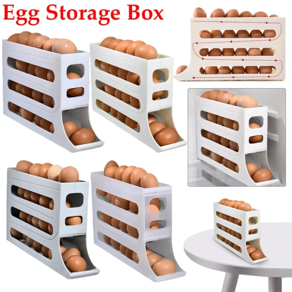 White plastic egg storage box with 3 tiers.