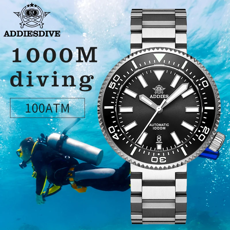 Black dial automatic diving watch with silver band.