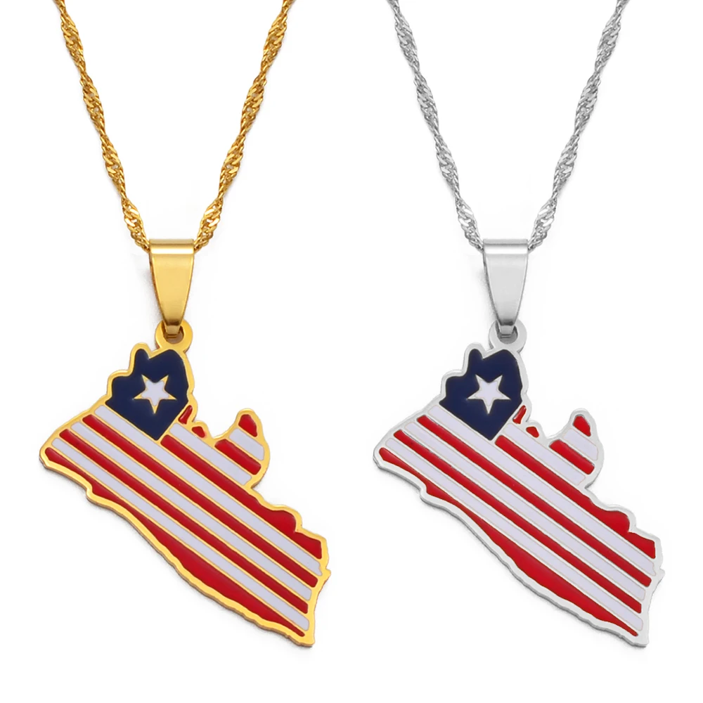 Gold and silver Liberian flag necklaces.