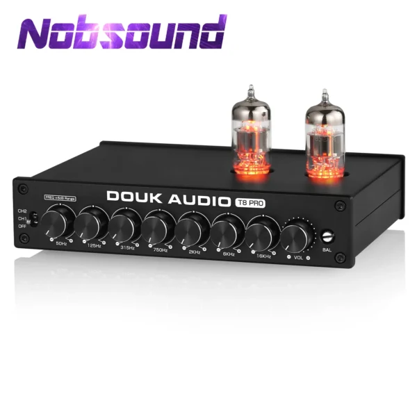 Black Douk Audio T8 Pro amplifier with knobs.