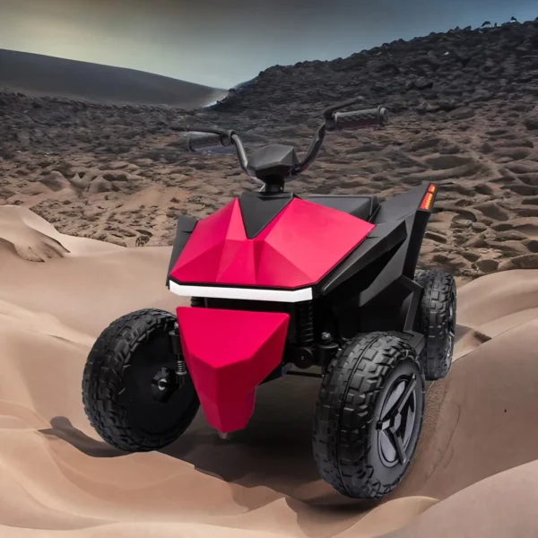 Red and black off-road ATV on sand.