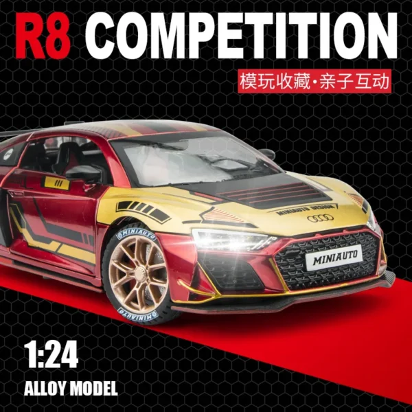 Red and gold 1:24 scale Audi R8 model.