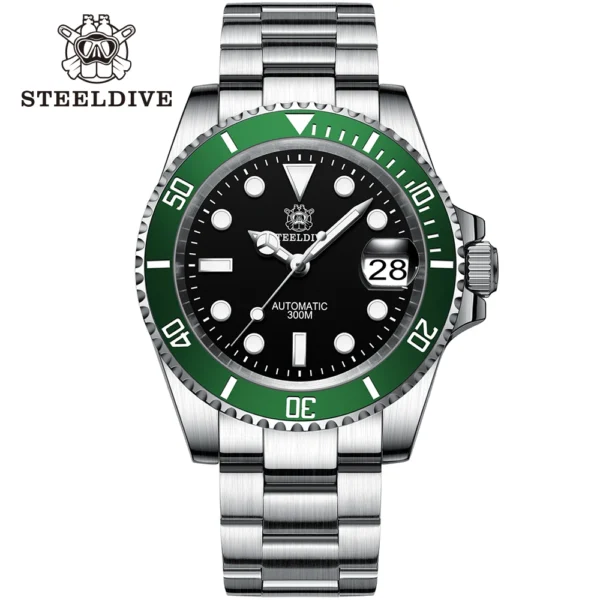 Green bezel silver automatic dive watch.