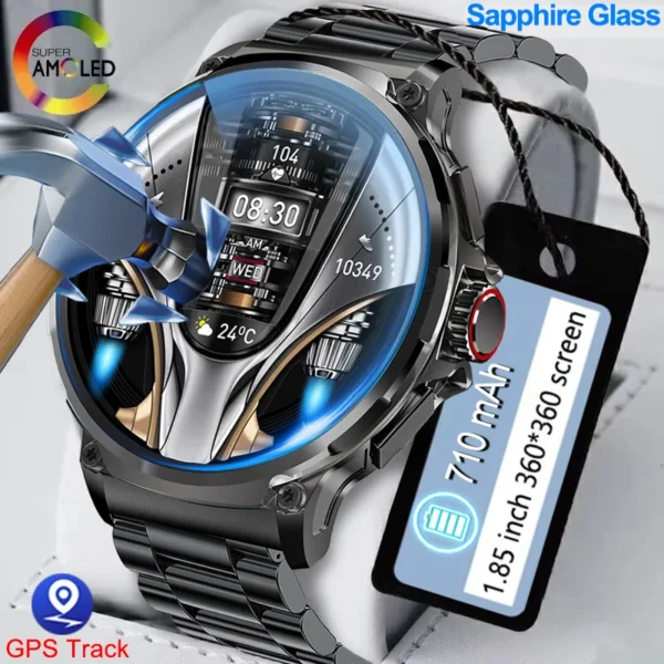 Black smartwatch with sapphire glass and GPS track.