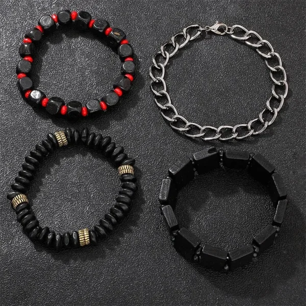 Four bracelets: black, red, and gold beads.