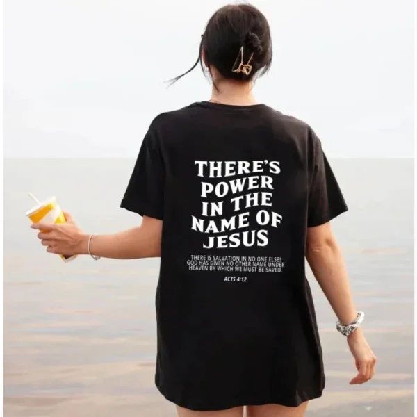 Jesus Saves There's Power in the Name of Jesus Oversized T-Shirt Christian Loose Tee Women Trendy Casual Cotton Aesthetic Top - Image 3