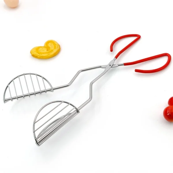 Red handled stainless steel tongs with grids.