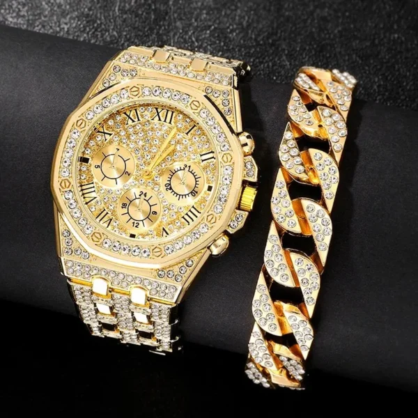 Gold watch and bracelet with diamonds.