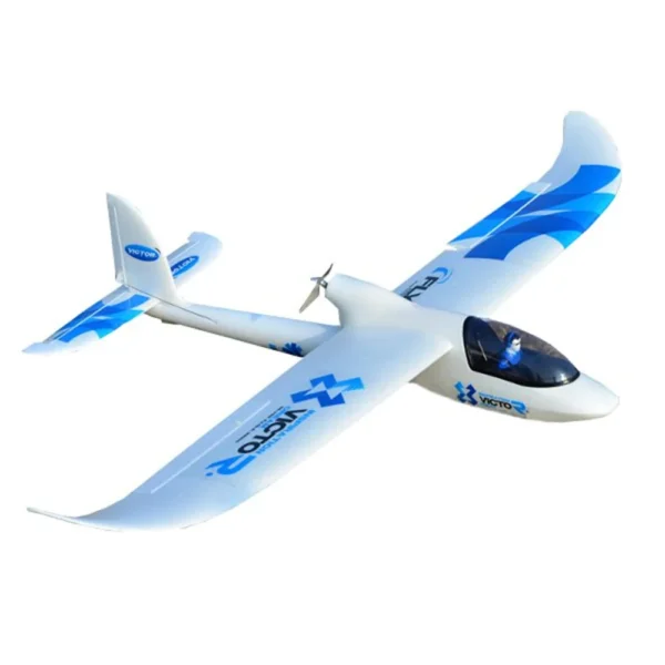 White and blue remote control airplane.