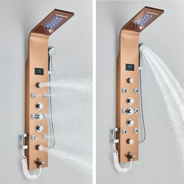 Copper shower system with multiple spray settings.