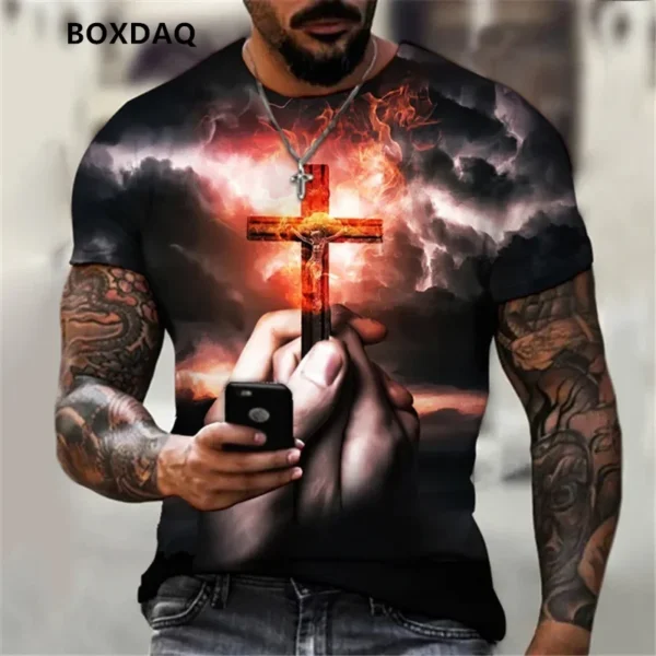 Summer Men's T-Shirts God Religion Christ Jesus Cross 3D Print Hip Hop Male Tee Loose Short Sleeve Streetwear Oversized Tops - Image 4