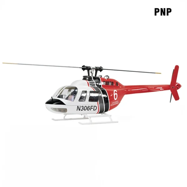 Red and white helicopter model with tail number.