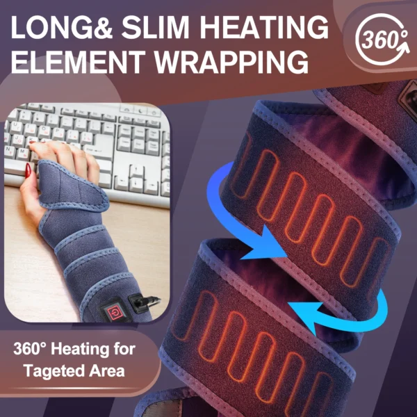 Heating wrist wrap with 360 degree coverage.