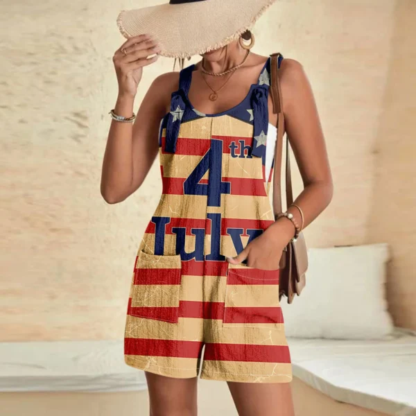 Summer Women'S Jumpsuit Overalls Short Loose Sleeveless Wide Leg Overall American Flag Print Daily Romper With Pockets 2024 - Image 3