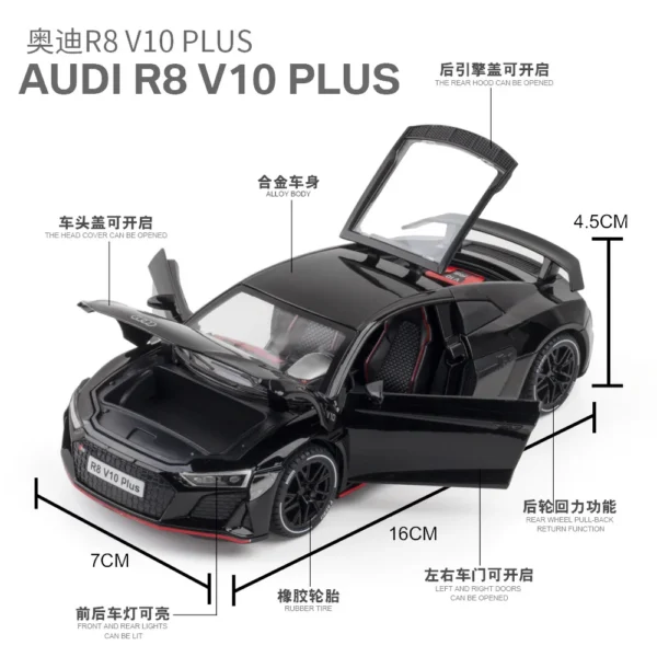 1:24 AUDI R8 V10 Plus Sports Car Alloy Model Metal Toy Car Diecast Simulation Sound & Light Collection Toys For Boys Gifts A405 - Image 3