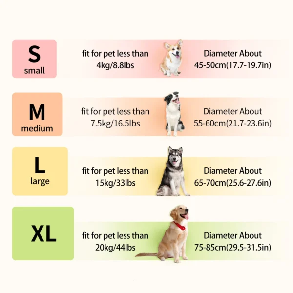 Dog bed size chart with weight recommendations.