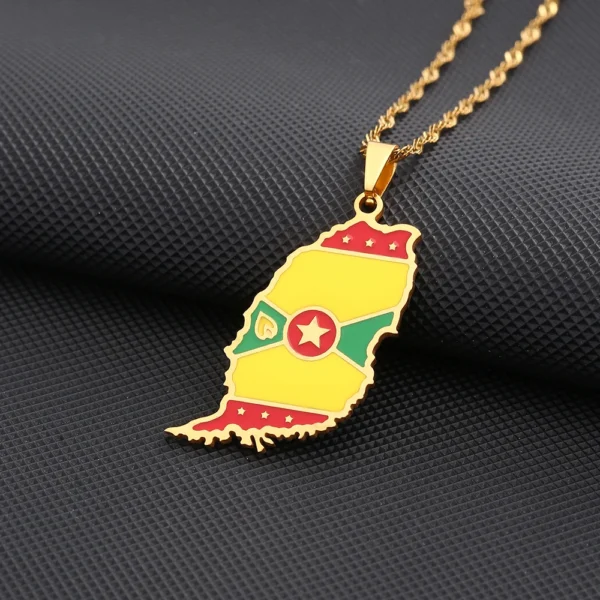 Grenada flag pendant necklace on black background.