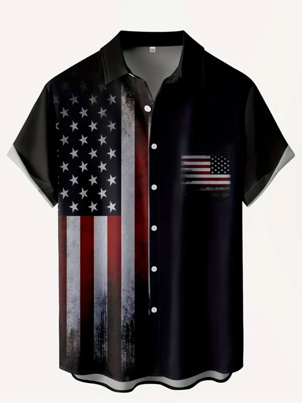 Men's Plus Size Us Flag Print Button Up Shirt Loose Casual Summer Top Fashion Summer Short Sleeve Tee Tops Harajuku Streetwear - Image 3