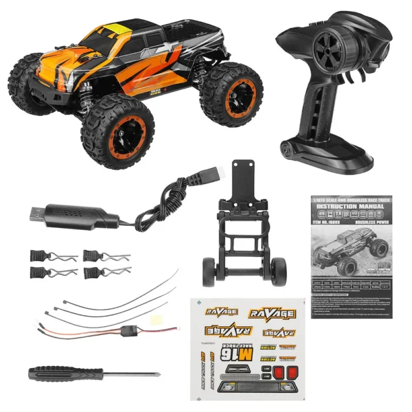 RC monster truck with remote and accessories.