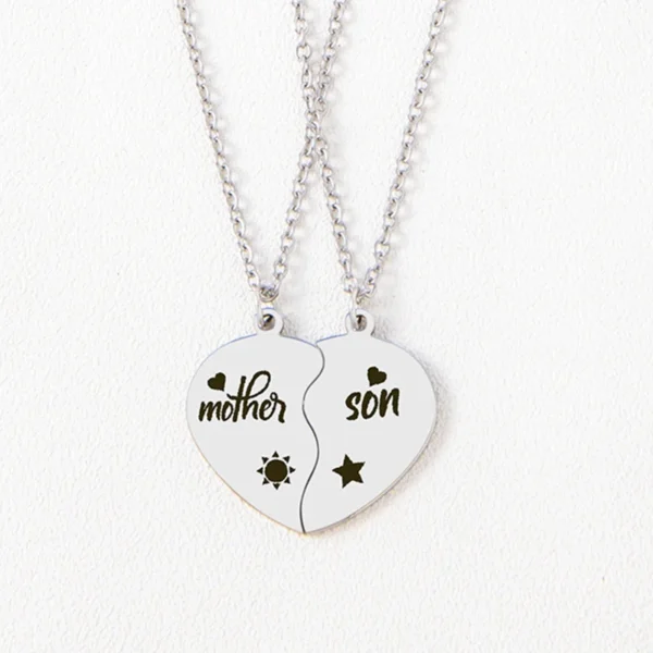 Mother and son heart necklaces.